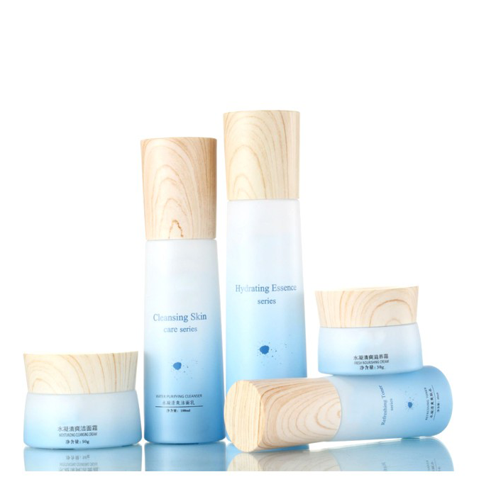 China Made frosted bamboo cap white glass bottles and glass jars cosmetic packaging sets 20ml 30ml 50ml 100ml 120ml