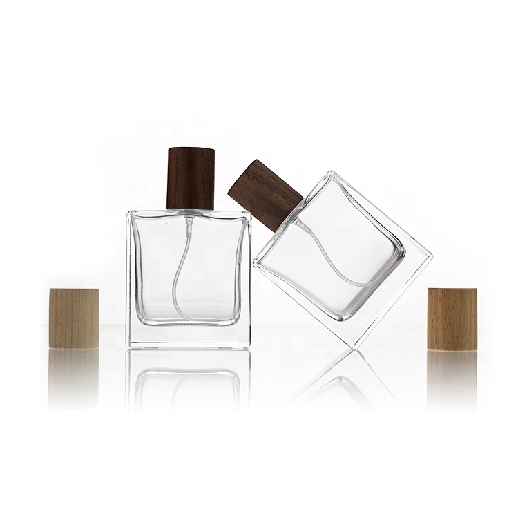 China Manufacture Customized Wooden Cap 30ml 50ml 100ml Glass Perfume Bottle With Spray Cap