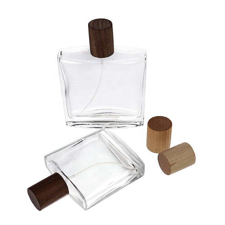 China Manufacture Wooden Caps Luxury Glass Perfume Bottle 50ml 100ml Perfume Glass Bottle