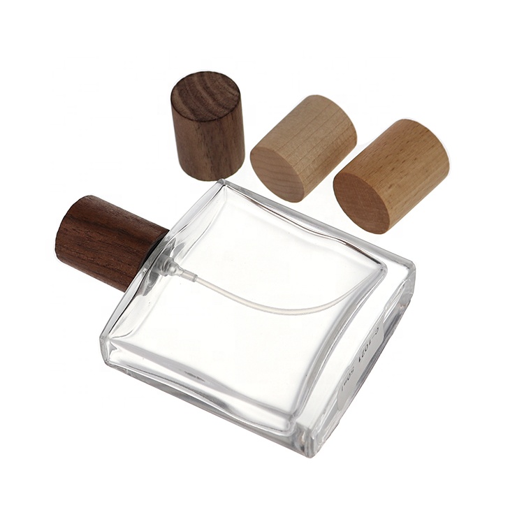 China Manufacture Wooden Caps Luxury Glass Perfume Bottle 50ml 100ml Perfume Glass Bottle