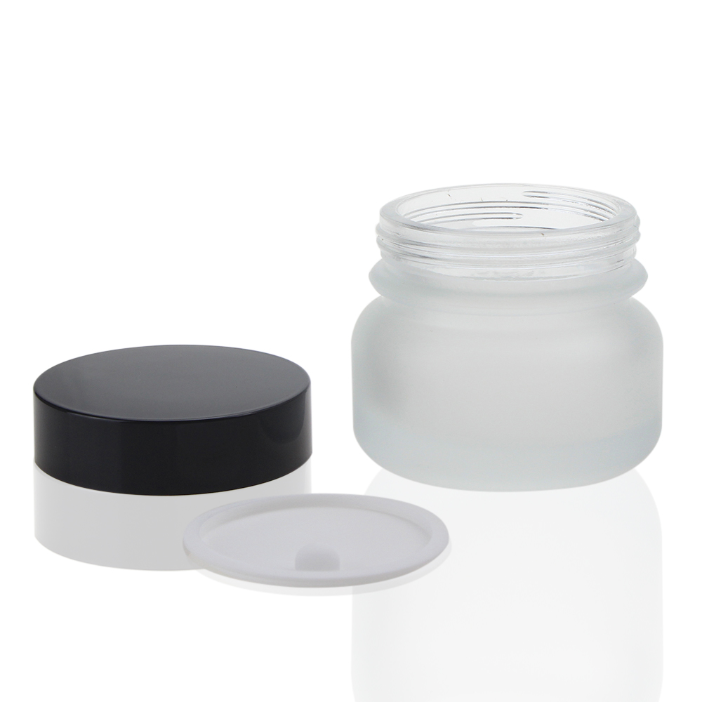 China Manufacturer Empty 50g Frosted Glass Facial Cream Jar with Black or White Lid