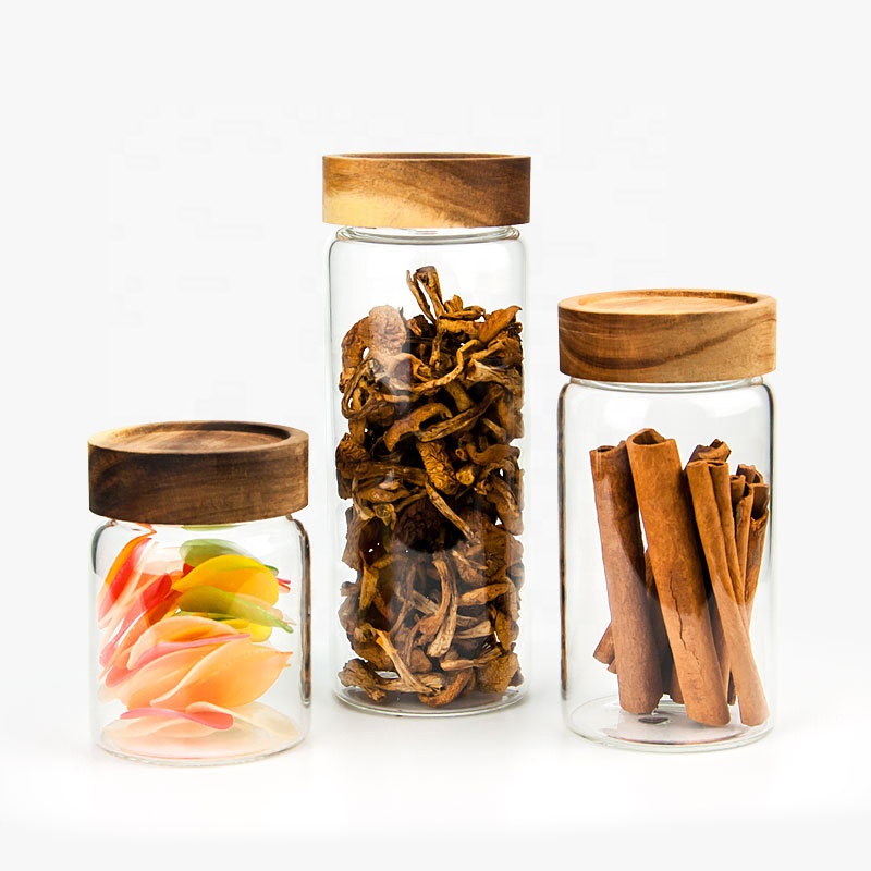 China Product Food Grade Tall Airtight Kitchen Jars Storage High Borosilicate Mason Acacia Glass Jar