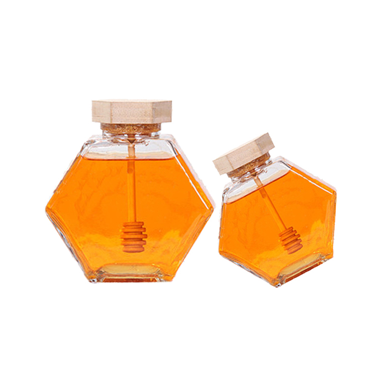 China RTCO Manufacturer 100ml 220ml 380ml 500g Transparent Glass Honey Jar Jam Bottle With Wooden Lid Hexagon Honey Container