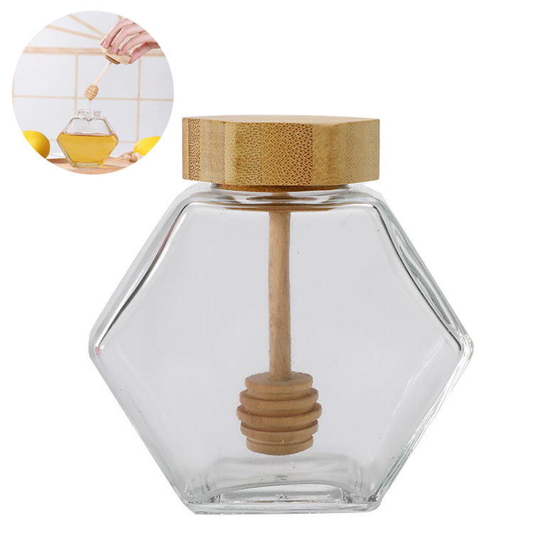 China RTCO Manufacturer 100ml 220ml 380ml 500g Transparent Glass Honey Jar Jam Bottle With Wooden Lid Hexagon Honey Container