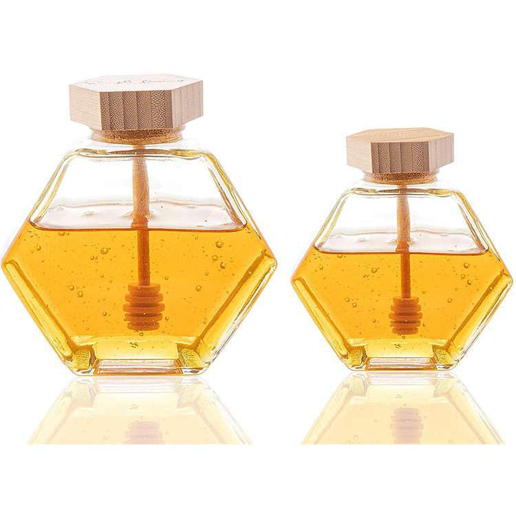 China RTCO Manufacturer 100ml 220ml 380ml 500g Transparent Glass Honey Jar Jam Bottle With Wooden Lid Hexagon Honey Container
