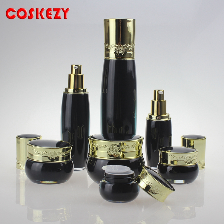 China Skincare Wholesale Double Empty Cosmetic Plastic Cream Jar, 5g 15g 20g 30g 50g Luxury Acrylic Jar Black with Gold Lid