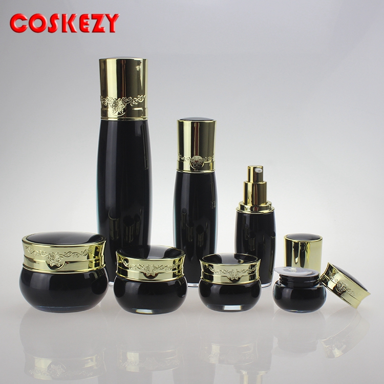 China Skincare Wholesale Double Empty Cosmetic Plastic Cream Jar, 5g 15g 20g 30g 50g Luxury Acrylic Jar Black with Gold Lid