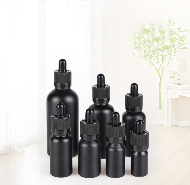 China Supplier 5ml 10ml 15ml 20ml 30ml 50ml 100ml frosted black bottle for essential oil, glass bulb droppers bottle