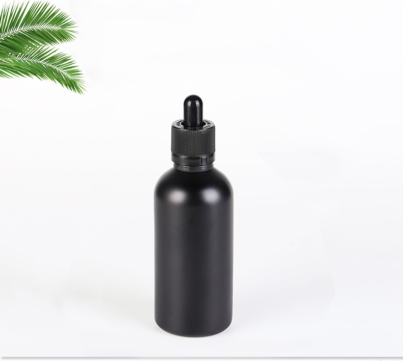 China Supplier 5ml 10ml 15ml 20ml 30ml 50ml 100ml frosted black bottle for essential oil, glass bulb droppers bottle