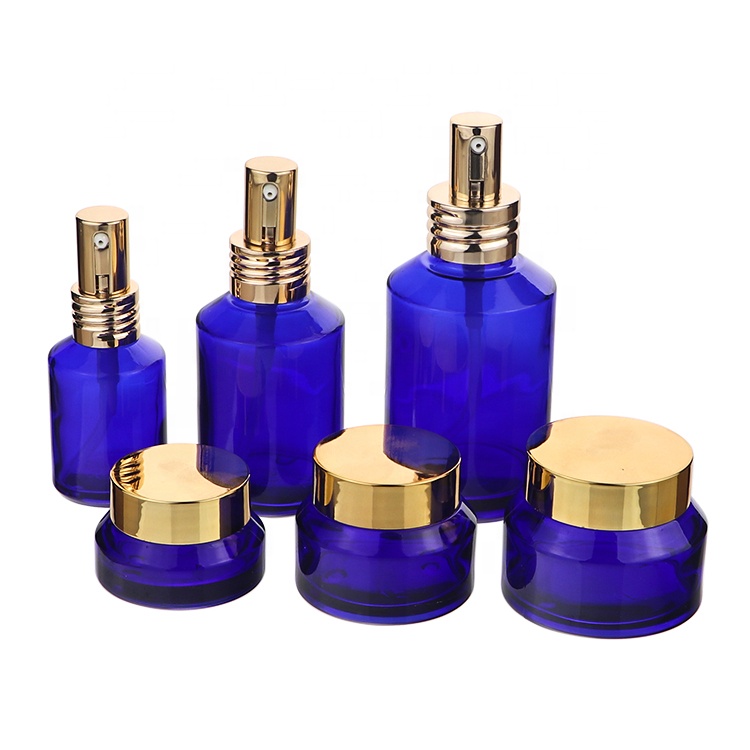 China Supplier Clear Amber Blue Green Cosmetic Glass Bottle Jar For Lotion Serum Cream Full Set