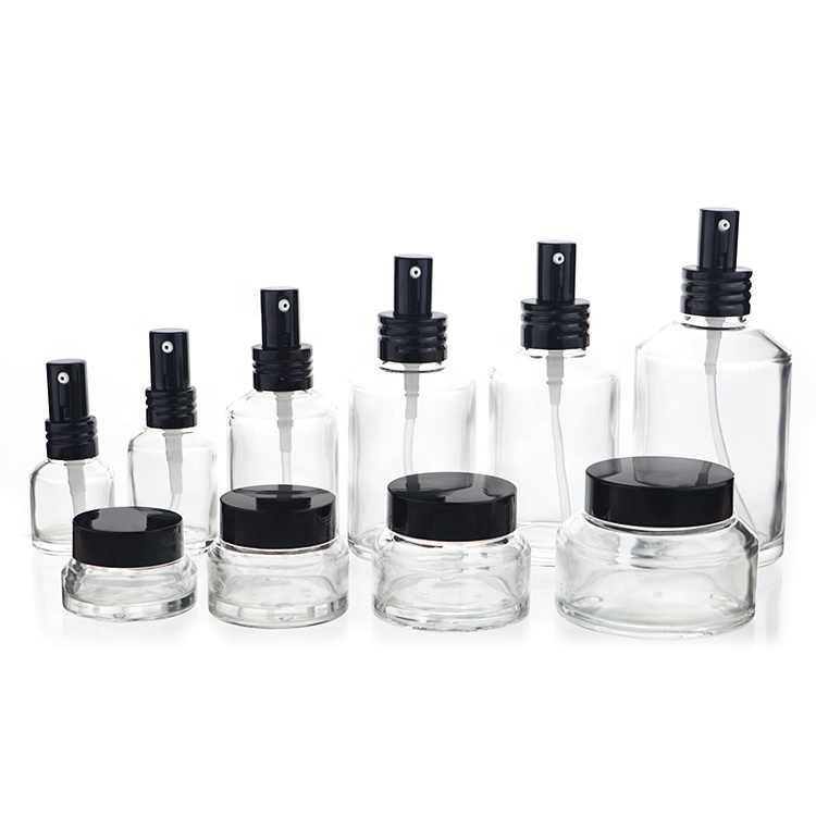 China Supplier Clear Amber Blue Green Cosmetic Glass Bottle Jar For Lotion Serum Cream Full Set
