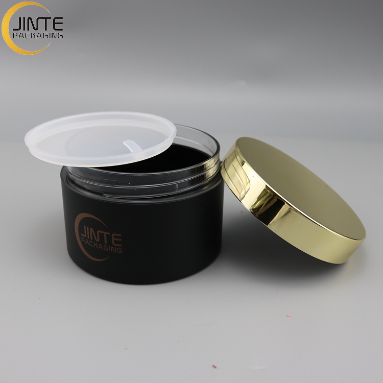 China Supplier Custom Design 8oz 250ml Matte black thick PETG jar cosmetic pot with shiny gold lids for hair mask