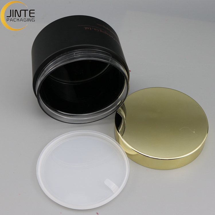 China Supplier Custom Design 8oz 250ml Matte black thick PETG jar cosmetic pot with shiny gold lids for hair mask