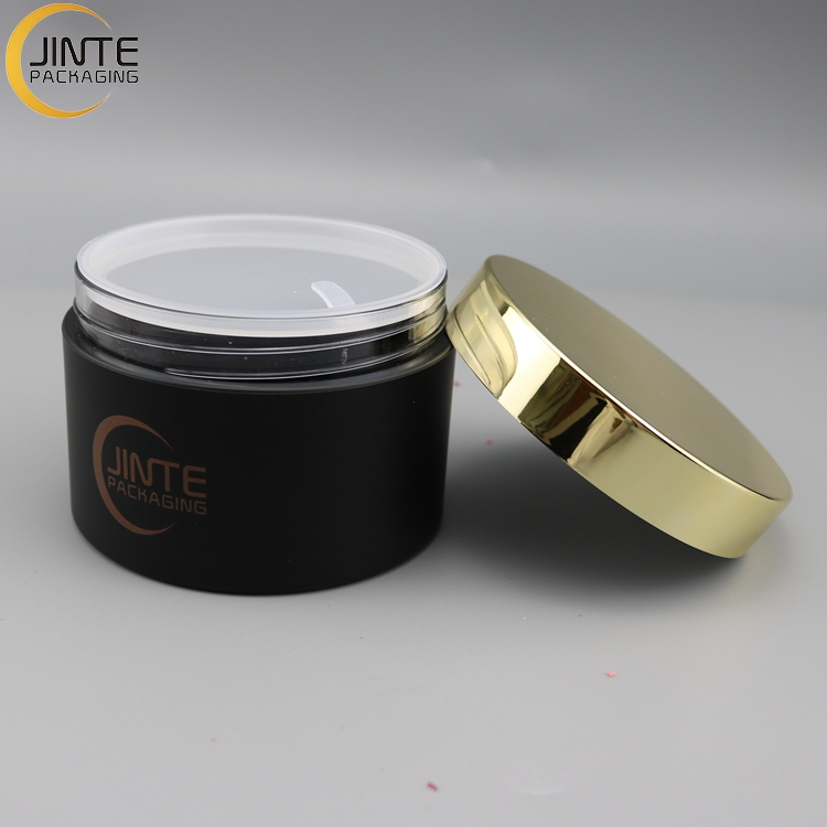 China Supplier Custom Design 8oz 250ml Matte black thick PETG jar cosmetic pot with shiny gold lids for hair mask