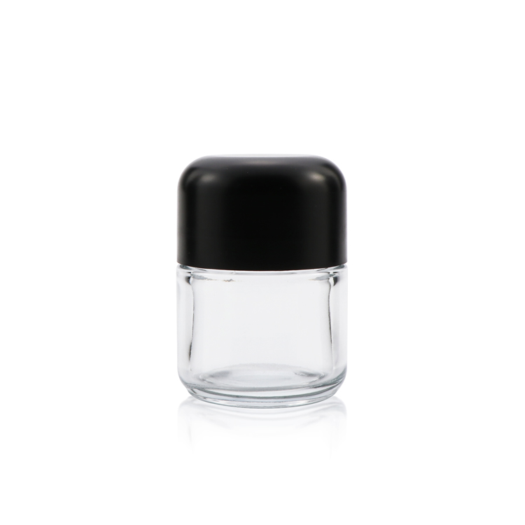 China Supplier  Frosted black 5g 70g 110g 220g Pill Capsule CBD HempChild Proof Round Glass Container 50ml Resistant Lid Jar