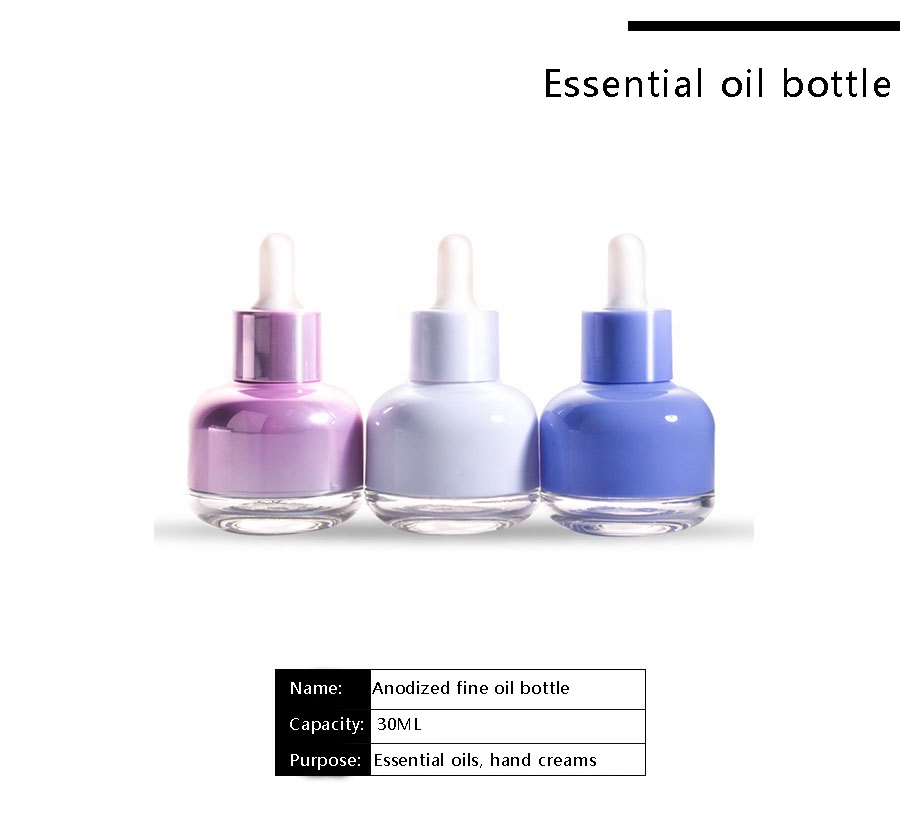 China WG High Grade Electroplating Cosmetics Packed With Pink Blue Glass Oil 30 ML bottle Pressed Spray Dropper sealing