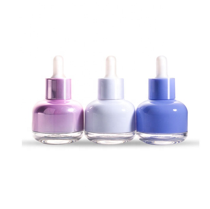 China WG High Grade Electroplating Cosmetics Packed With Pink Blue Glass Oil 30 ML bottle Pressed Spray Dropper sealing