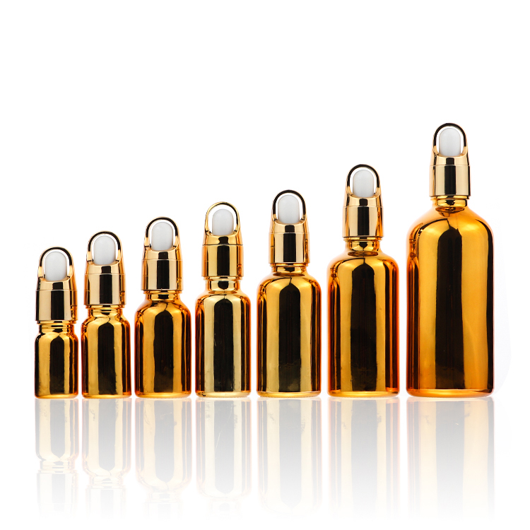 China Wholesale Boston Round 5ml 10ml 30ml Electroplating Glass Gold Dropper Essential Oil Bottle