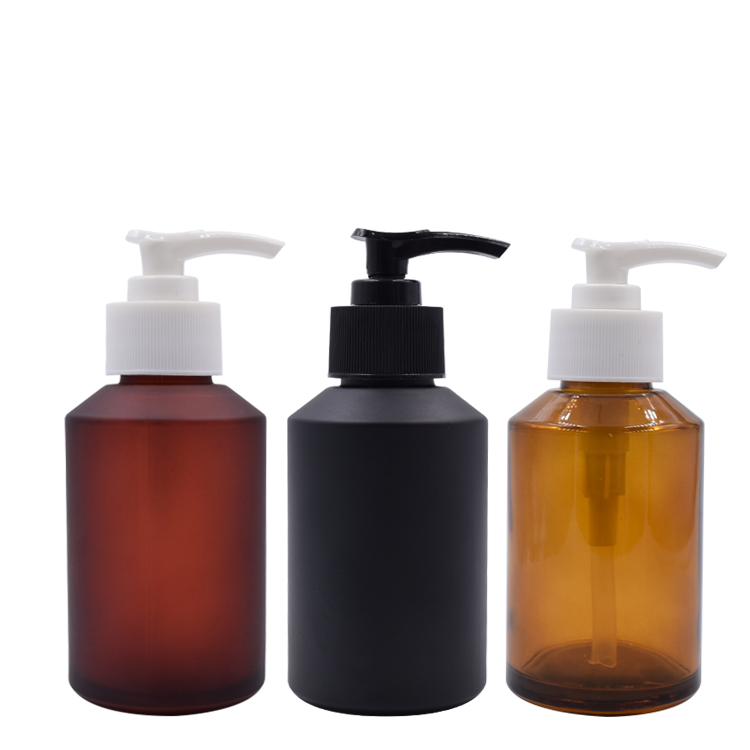 China best 60ml 125lml 200ml 250ml hand wash round amber slant shoulder glass bottle for liquor with white plastic press pump