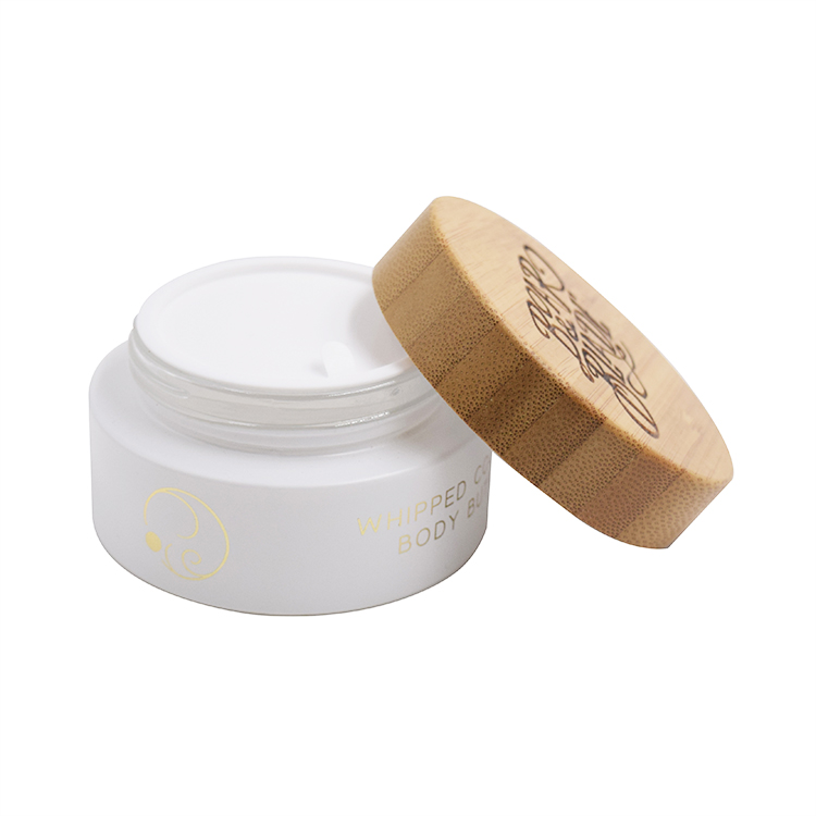 China cosmetic packaging 50g fancy facial cream glass jar with bamboo wood screw lid
