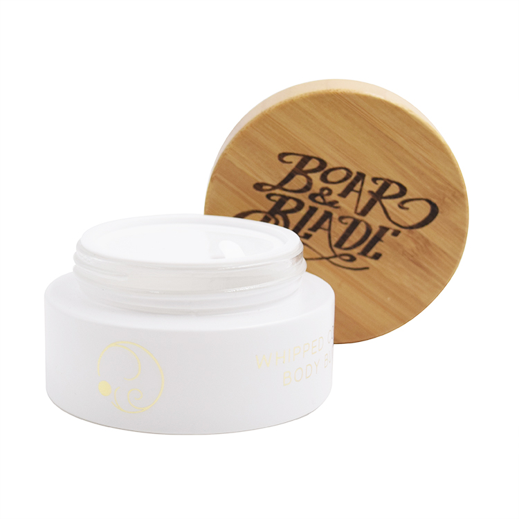 China cosmetic packaging 50g fancy facial cream glass jar with bamboo wood screw lid