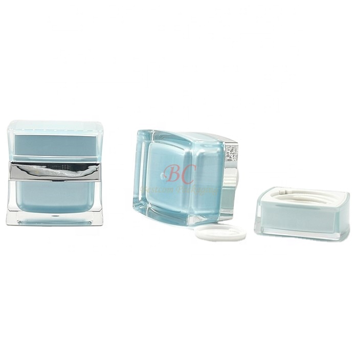 China factory custom logo acrylic plastic cream container set 15g 30g 50g square shape light blue elegant rectangle cosmetic jar