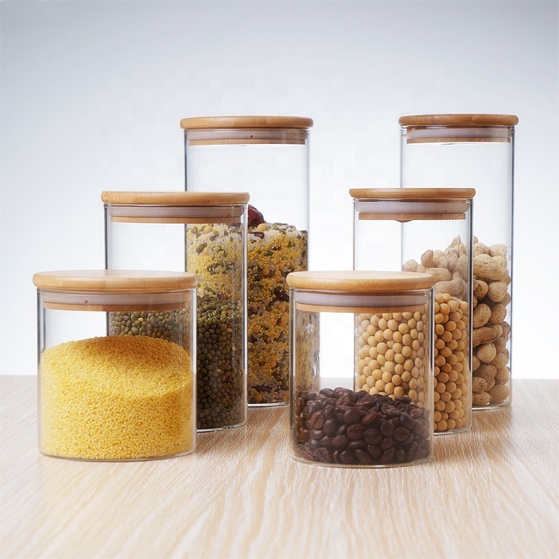 China glass food bottle 160z wide mouth glass spice jars bamboo lid