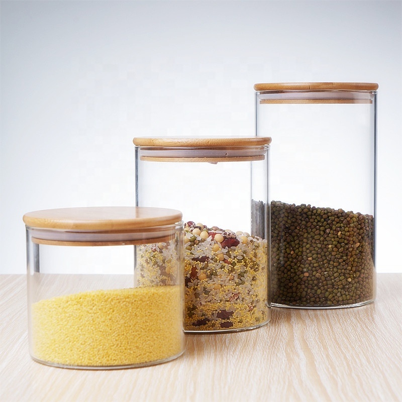China glass food bottle 160z wide mouth glass spice jars bamboo lid