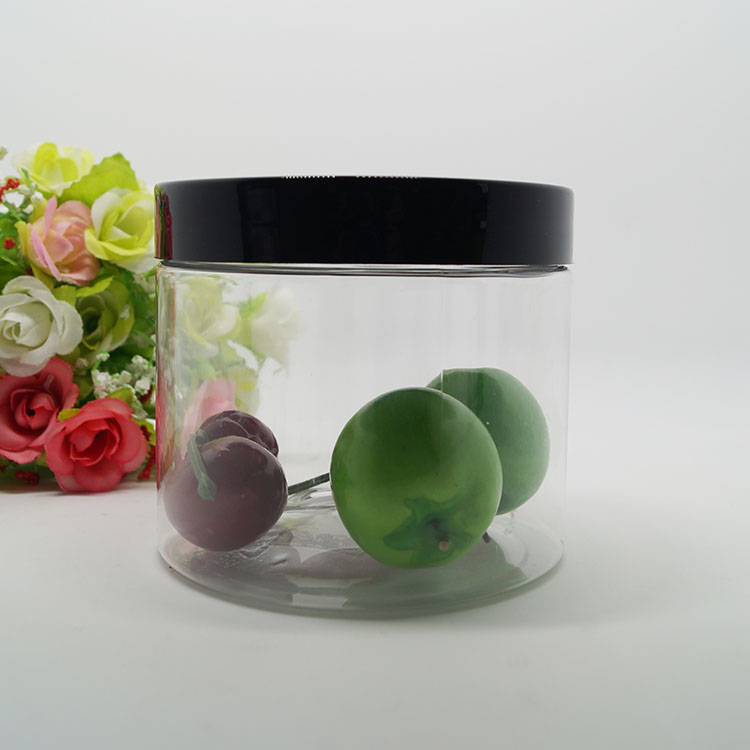 China made PET clear plastic jar 300 ml with black plastic cover for sale