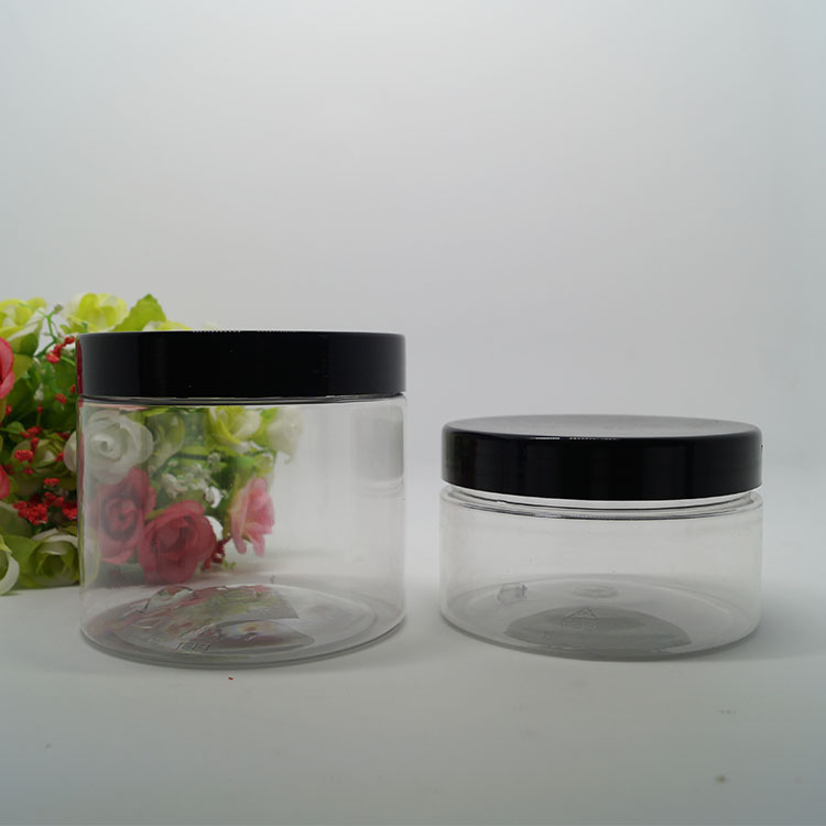 China made PET clear plastic jar 300 ml with black plastic cover for sale