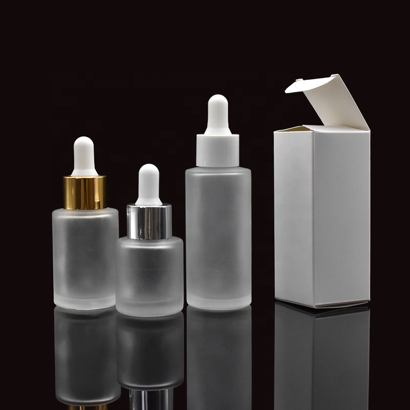 China manufacture 10ml 20ml 30ml 50ml frosted flat shoulder cosmetic glass dropper bottle with paper carton