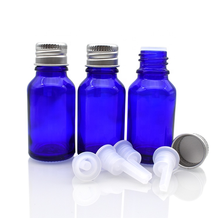 China manufacture 15ml blue glass essential oil bottle with screw cap 5ml 10ml 20ml 30ml 50ml 100ml dropper glass bottle
