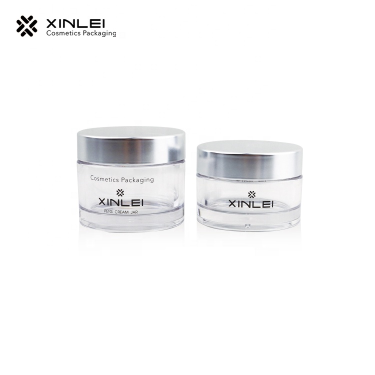 China manufacturer plastic empty transparent with silver lid cosmetic glass jar