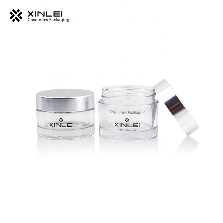 China manufacturer plastic empty transparent with silver lid cosmetic glass jar