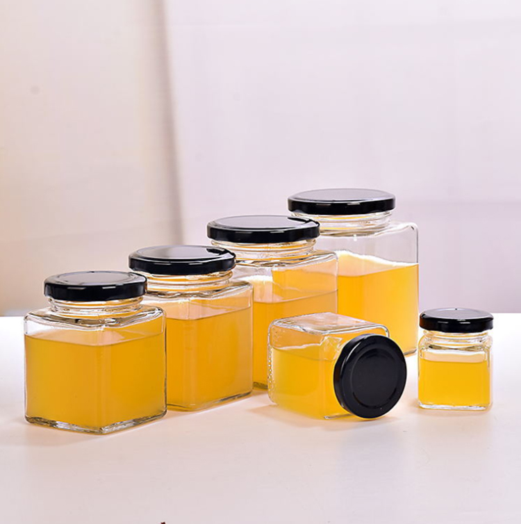 China manufacturer supply square glass honey bottle/jar storage jam sauce canned pickle glass jar with metal lids