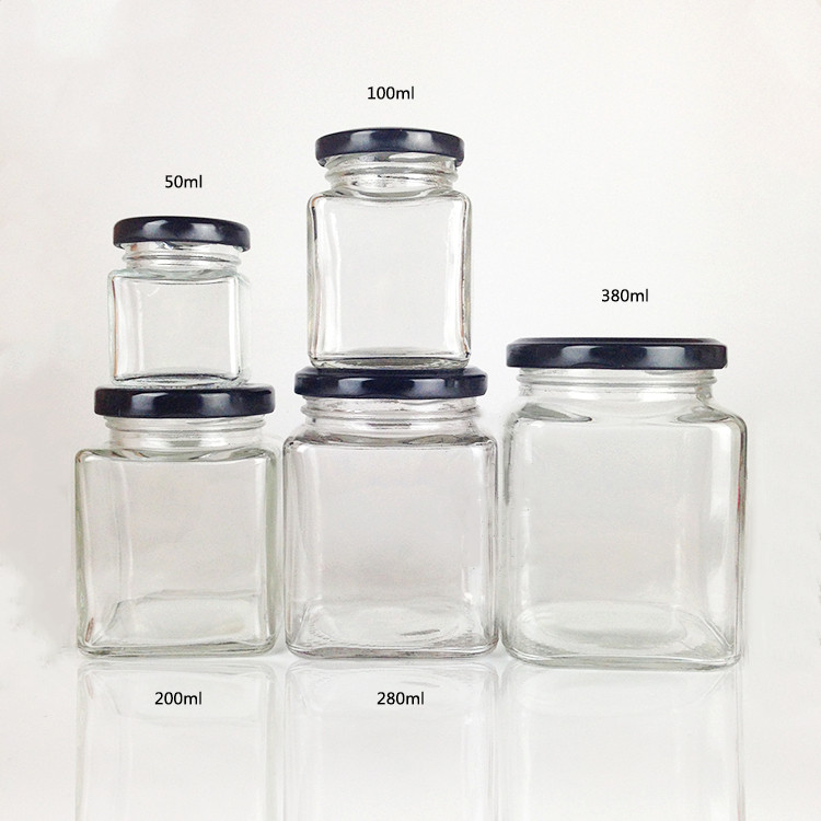 China manufacturer supply square glass honey bottle/jar storage jam sauce canned pickle glass jar with metal lids