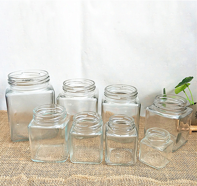 China manufacturer supply square glass honey bottle/jar storage jam sauce canned pickle glass jar with metal lids