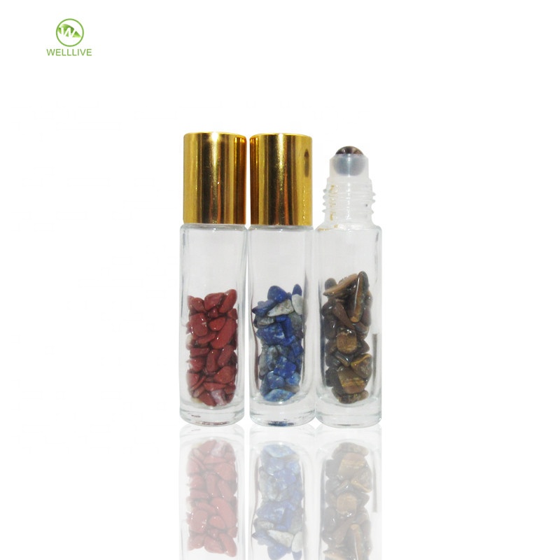 China supplier 10ml clear attar perfume oil cosmetic container glass gemstone roller bottles with gold silver cap