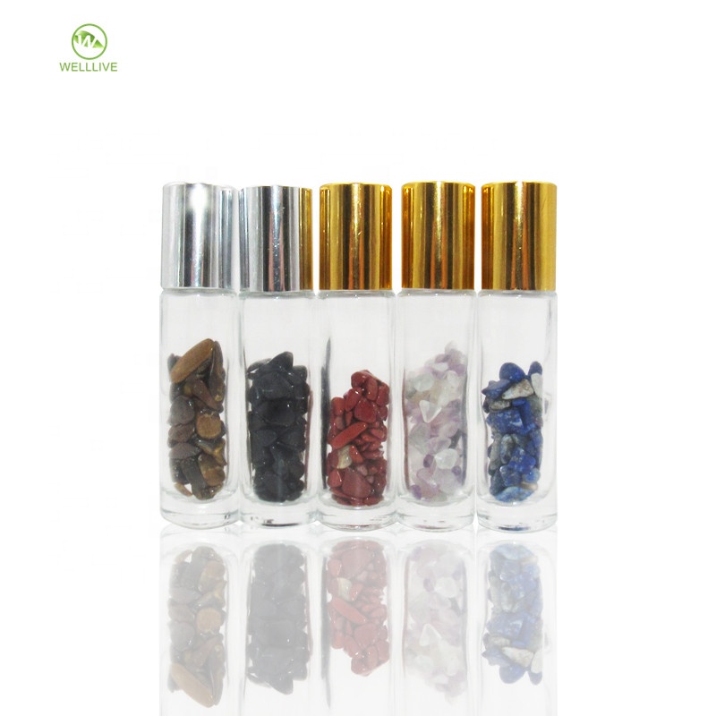 China supplier 10ml clear attar perfume oil cosmetic container glass gemstone roller bottles with gold silver cap