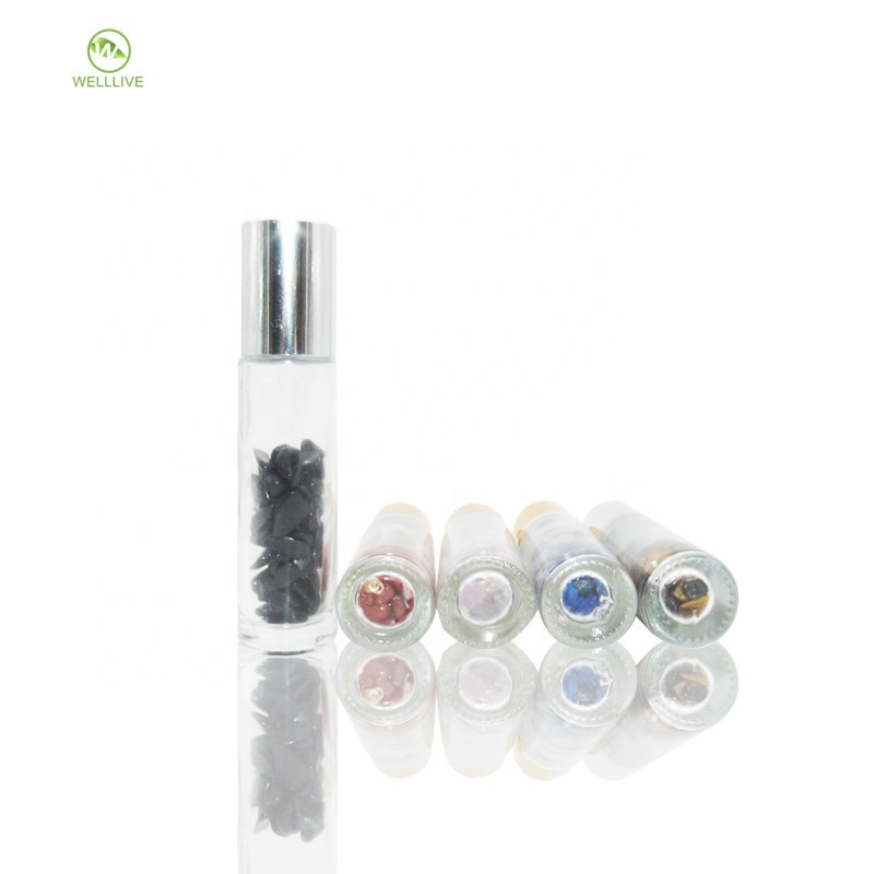 China supplier 10ml clear attar perfume oil cosmetic container glass gemstone roller bottles with gold silver cap
