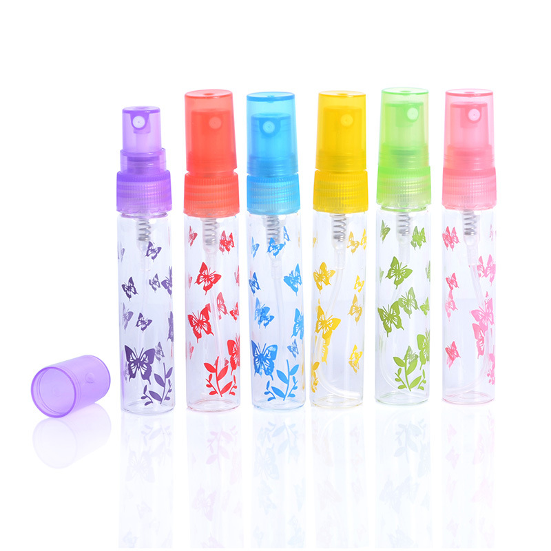 China supplier fashion 5 ml mini glass spray empty perfume tester bottle with 6 colors printing butterfly atomizer