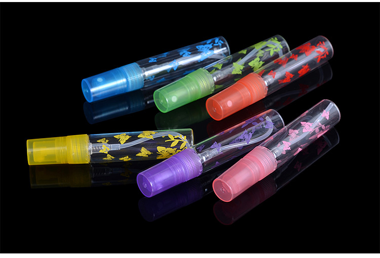 China supplier fashion 5 ml mini glass spray empty perfume tester bottle with 6 colors printing butterfly atomizer
