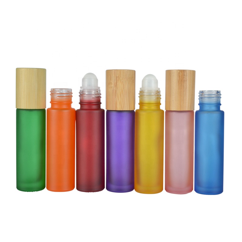China supplier frosted pink red green orange purple Essential oil 10ml glass roll on bottle with bamboo cap