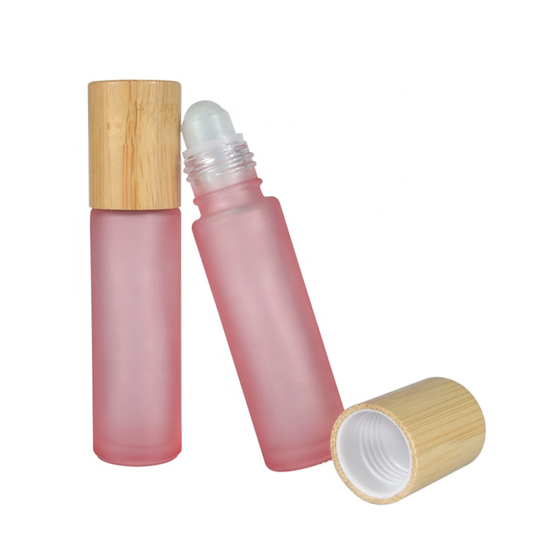 China supplier frosted pink red green orange purple Essential oil 10ml glass roll on bottle with bamboo cap