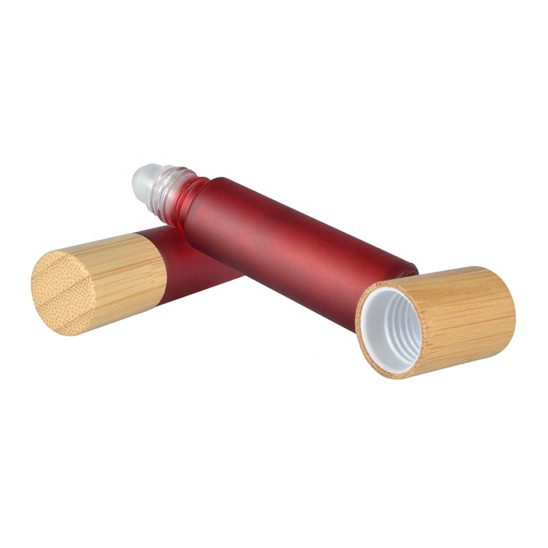 China supplier frosted pink red green orange purple Essential oil 10ml glass roll on bottle with bamboo cap