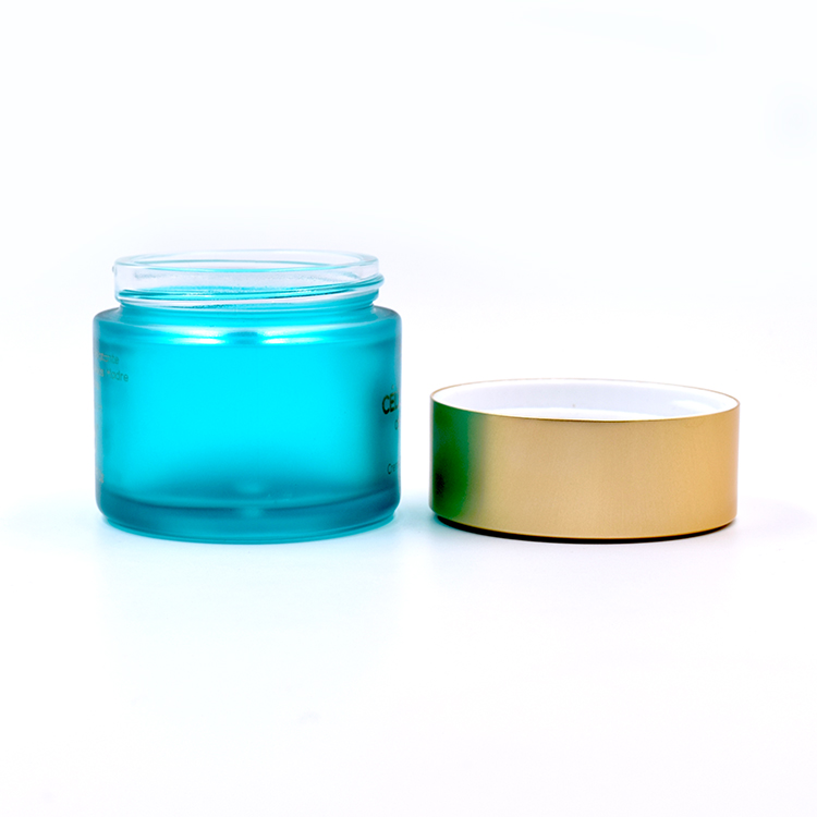 China supplier personal care 50g painted green glass cream jar cosmetic with gold lid