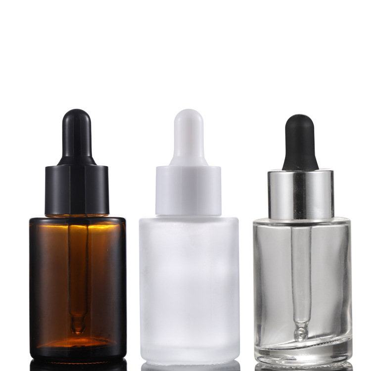 China supplier top quality 20ml 30ml 40ml 50ml 60ml flat shoulder essential oil dropper empty amber glass bottles