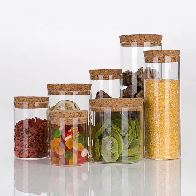 China supplier wholesale borosilicate glass storage jar with cork lid