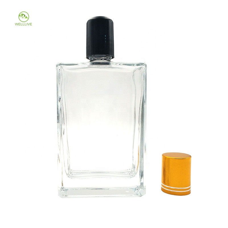 China supply 100ml square clear massage essential oil glass plug bottle with gold screw cap for cosmetic packaging