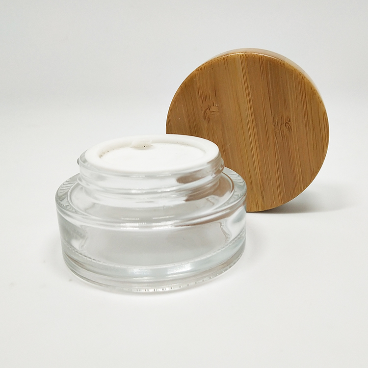 China supply empty 50g clear cosmetic glass jar with Environmentally friendly bamboo cover